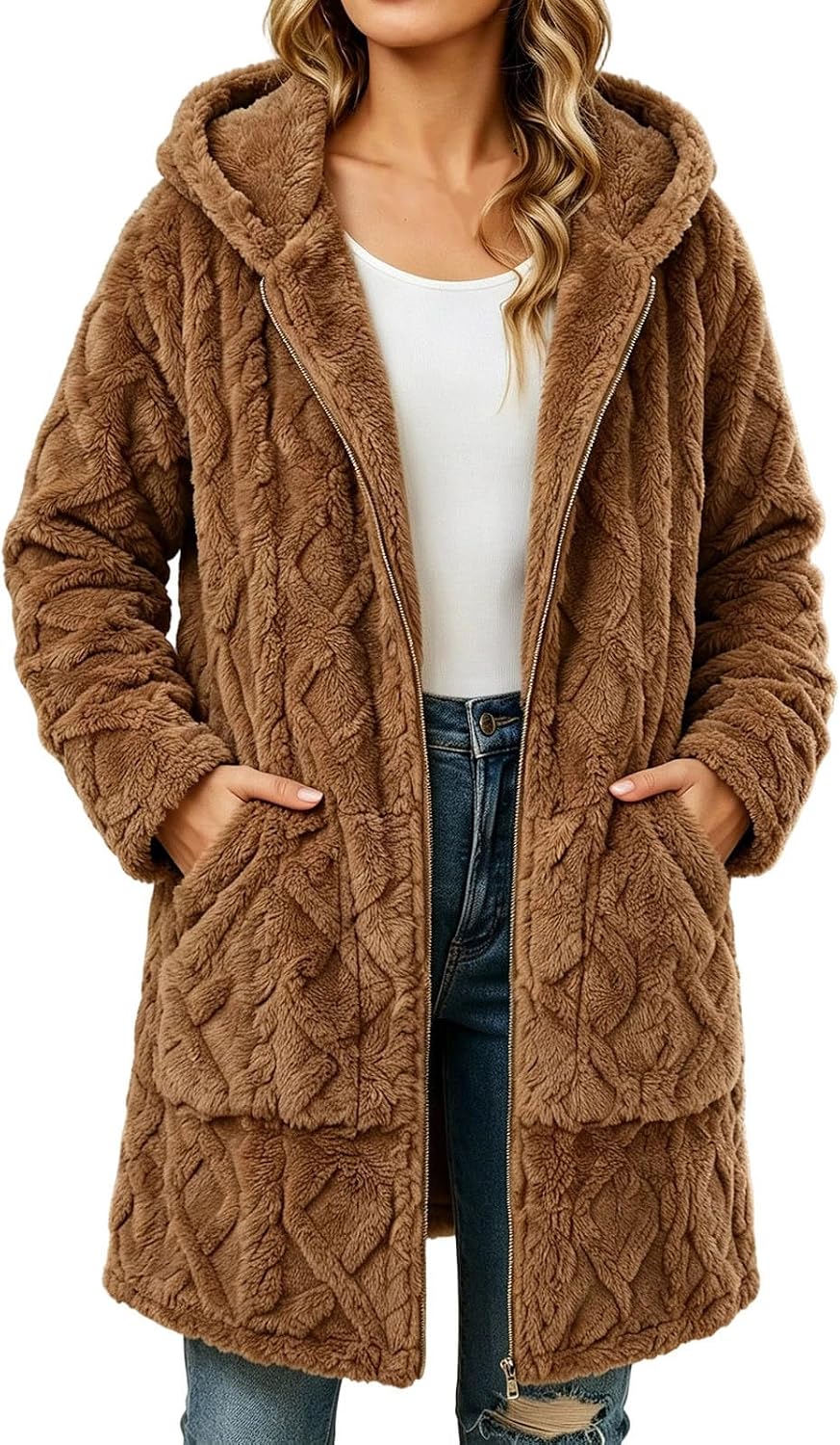 Women Long Fuzzy Fleece Jacket Zip Up Casual Winter Coat Outerwear