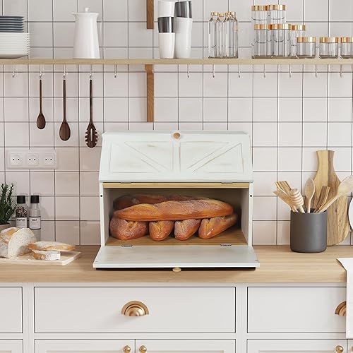 Miniatura 13 de HOMEKOKO Panera grande de doble capa para encimera de cocina, contenedor de almacenamiento de pan de madera de gran capacidad (negro) Negro