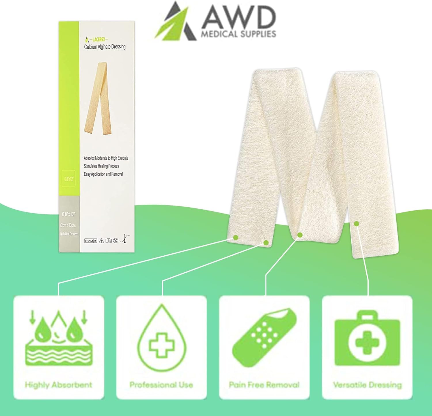AWD Medical Calcium Alginate Wound Dressing - Highly Absorbent Gauze Pads & Wound Care Products, Quick Clotting Gauze Home & Professional Use, Medical Supplies for Wound Care - (0.8" x 12" Pads 5/Bx)