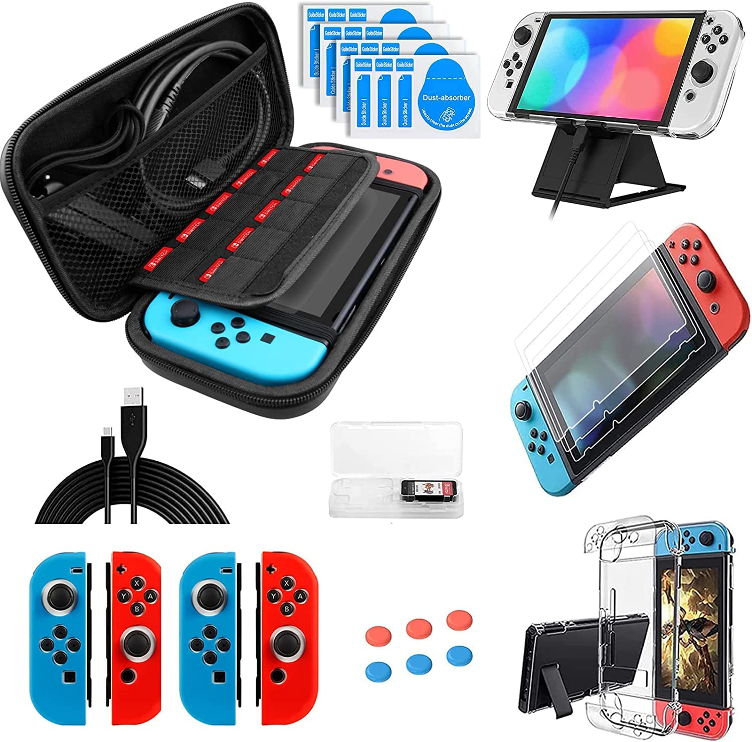 Accessories Kit for Nintendo Switch OLED, 17 in 1 Accessories Bundle with Carrying Case, Clear Cover Case, Screen Protector, Silicone Cover Skin, Adjustable Stand and Cleaning Tool