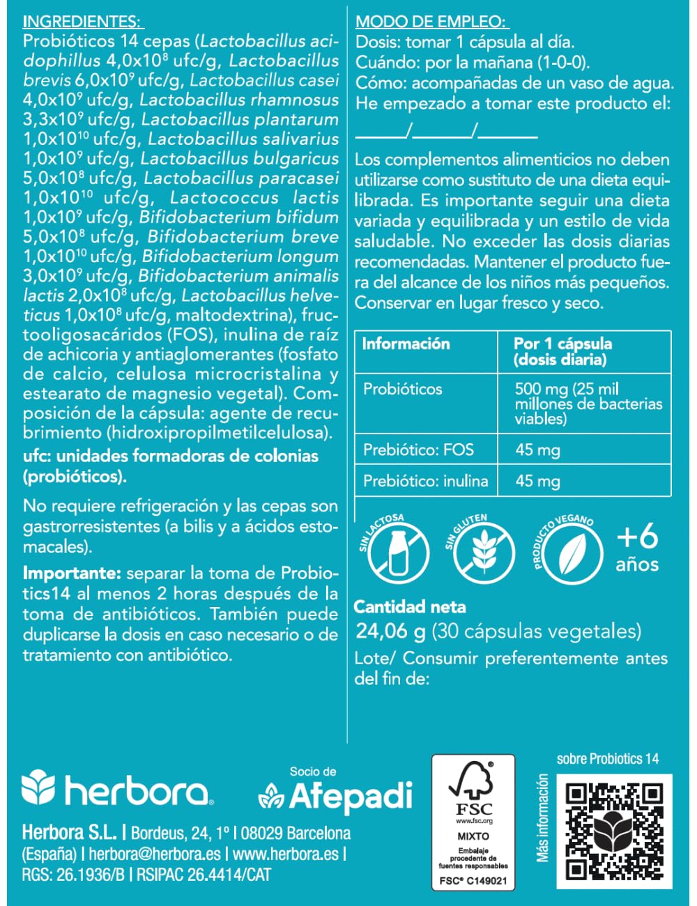 Herbora Probiotics 14 - Pack 2 x 30 Cápsulas Vegetales - 14 Cepas Probióticas con 25 Mil Millones de Bacterias Viables - Gastroresistente - Apto para Veganos - Para Salud Digestiva