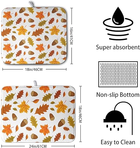 Miniatura 2 de Kwlegh Tapete de secado de platos de hojas de otoño para encimera de cocina, tapete de secado de platos naranja de Acción de Gracias, tapete