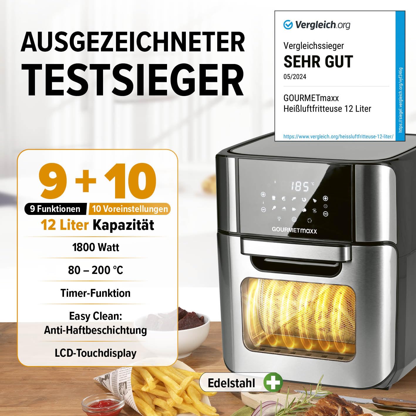 Gourmetmaxx Frytkownica, Stalowy/Czarny, 12 l