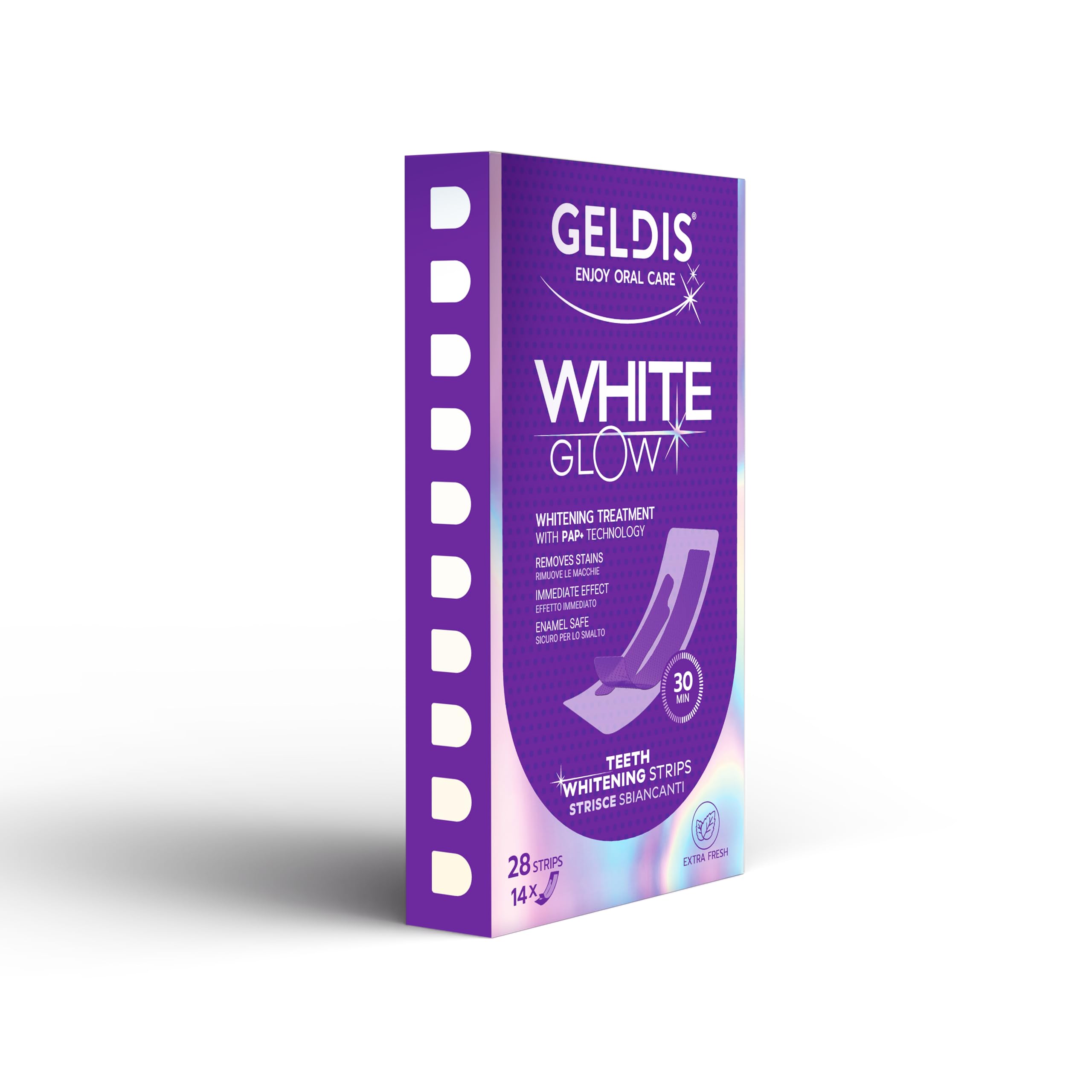 GELDIS Whitening Strips WHITEGlow, Striscie Sbianca Denti, 28 strisce per 14 giorni, Rimuove Macchie Superficiali, Delicate su Smalto e Gengive, Facili da Usare