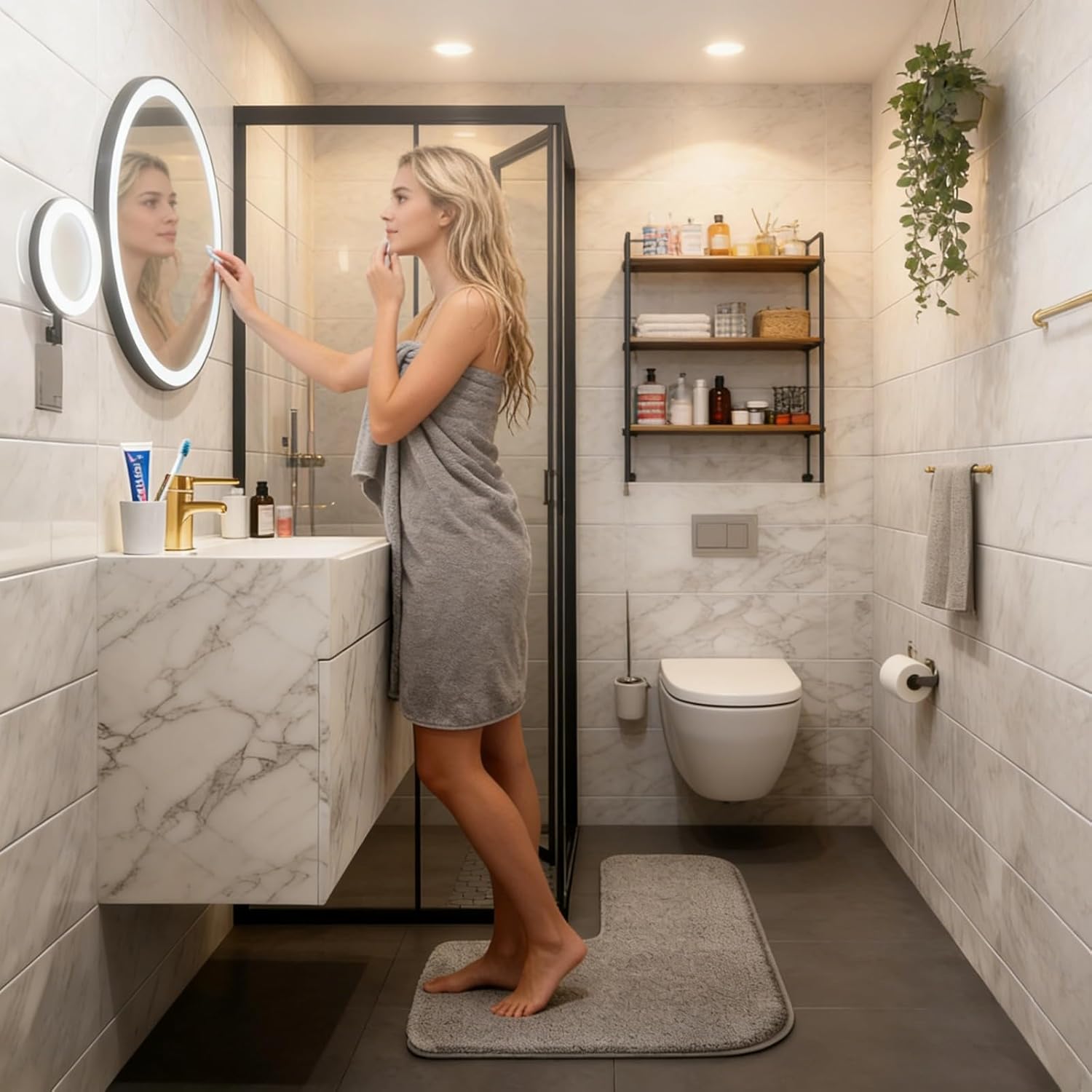 L-Shaped Bath Mat & Shower Mat,Corner Bath Mat, Non-Slip Absorbent Carpet for Corner Showers & Tubs | Machine Washable Grey Bathroom Rug | Home Spa Toilet Floor Mat (L Shaped Design) (Grey)