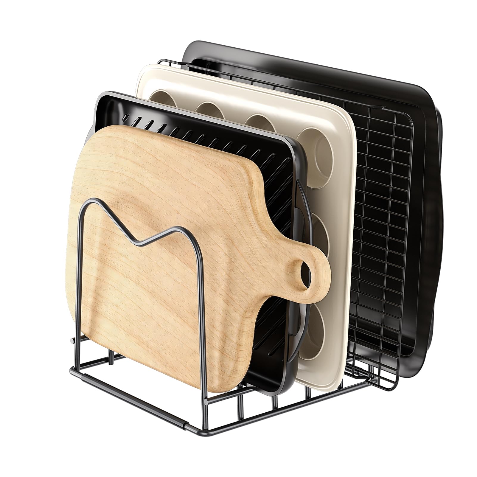 Photo 1 of ORDORA Cutting Board Holder Stand Rack Organizer for Cabinet, 5mm Wire Storage Rack for Countertop, Baking Cookie Sheet Pan Organizer inside Cabinet, Chopping Board Holder for Pots, Lids and Skillets