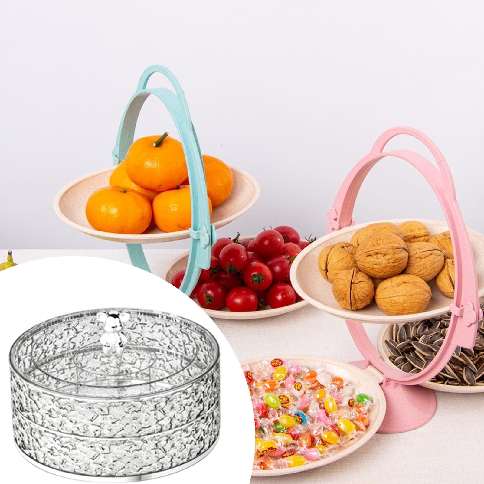 Organisateur de Goûter avec Plateau de Rangement Rotatif Rond, Assiette de Service Compartimentée, Boîte à Goûter et Bol à Légumes, Fabriqué en Polypr, Argent Clair