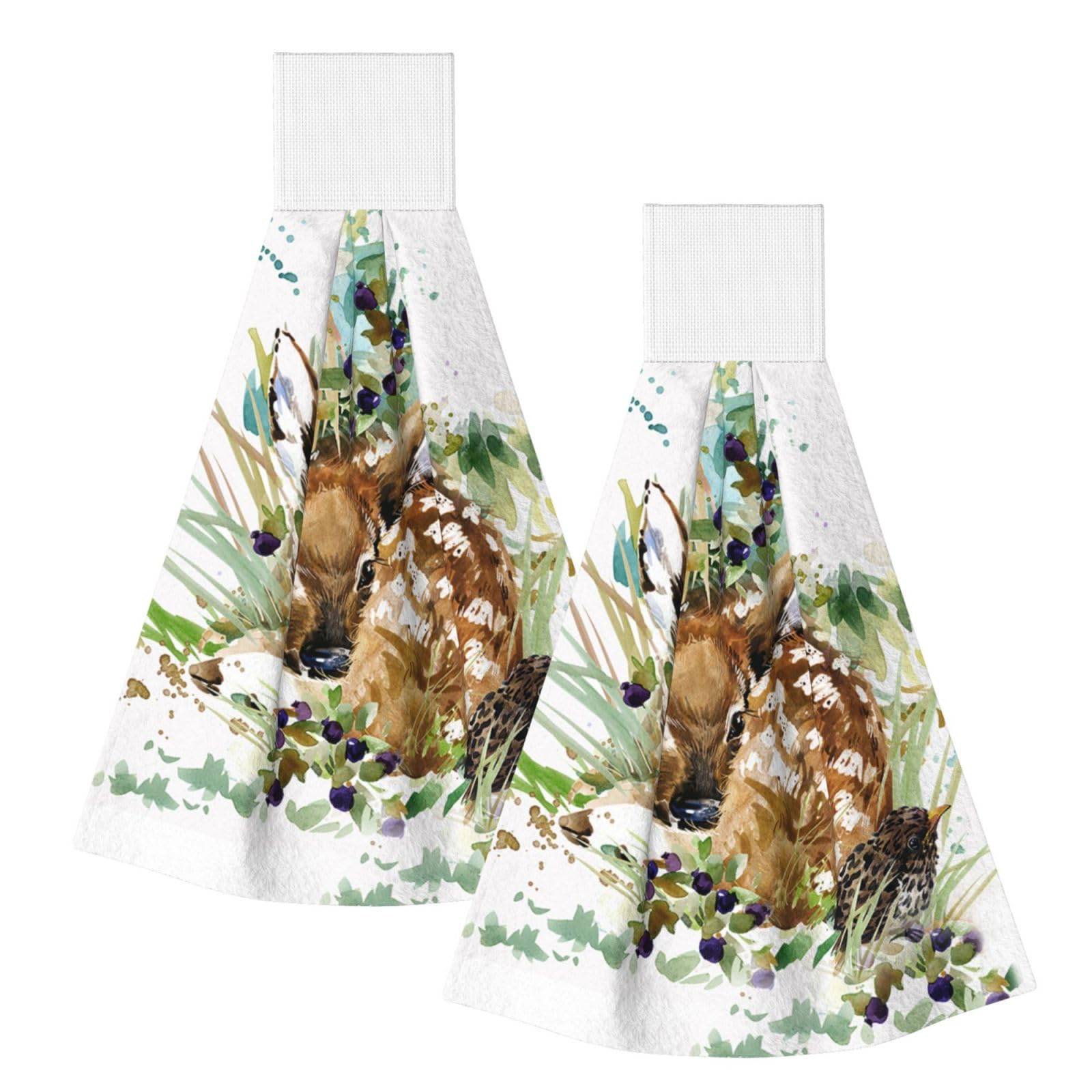 DOPKLNA Watercolor Wildlife Deer, 2 Pcs Hanging Coral Fiber Hand Towels for Bathroom, Absorbent Kitchen Towels