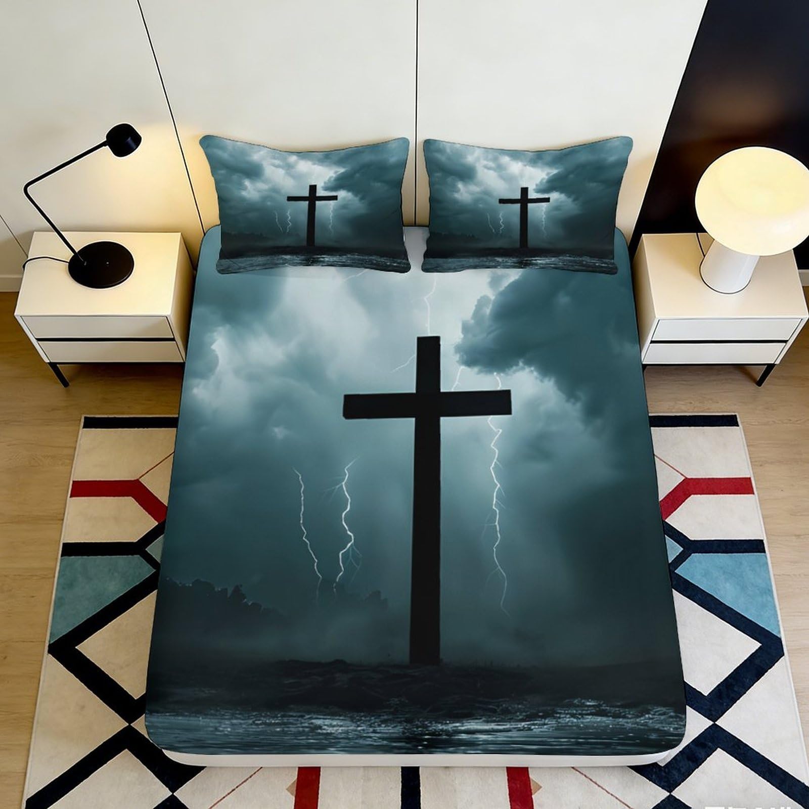 3D Printed Stormy Cross Fitted Sheet Microfiber Soft Decor Lightning Bed Cover for Bedroom Guest Room Dorm Protection 90x200x25cm