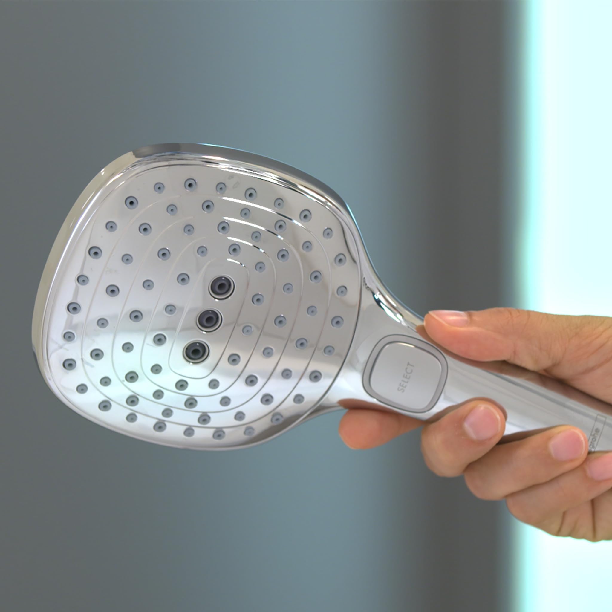 hansgrohe Raindance Select E - ducha de mano max. 6 l/min (EcoSmart+), alcachofa de ducha con 3 tipos de chorro, cabezal de ducha rectangular, con sistema antical, cromo, 28729000