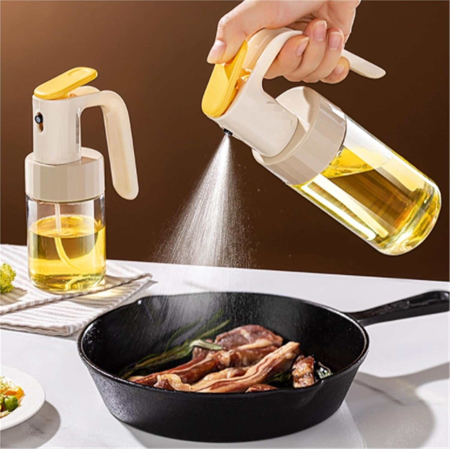 Wiederbefüllbare Olivenöl-Glasflasche, 600ml Ölspender-Sprühkopf und Ausgießer, Ideal zum Kochen, Grillen, Frittieren in Heißluftfritteuse und für Salate, Trans, Beige, 250ml
