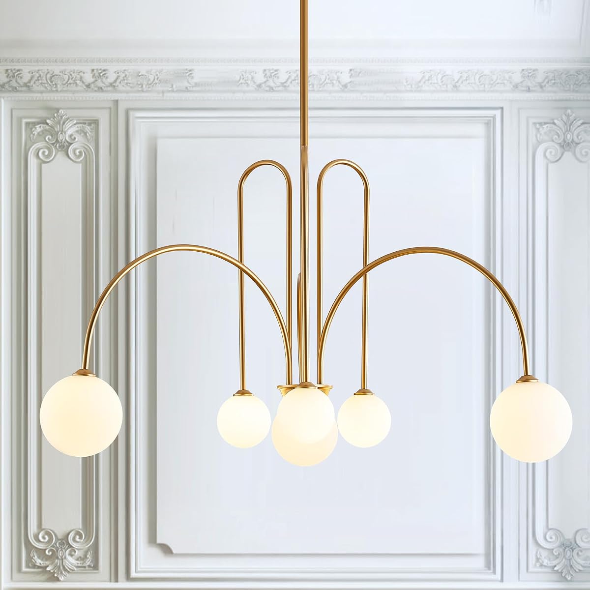 CATINER Modern 40" 6-Light Gold Sputnik Chandelier with Milk Glass Globe | Large Chandelier,Mid Century Long Ceiling Pendant Light Fixture,for Dining Room High Ceiling Foyer Living Room,G9
