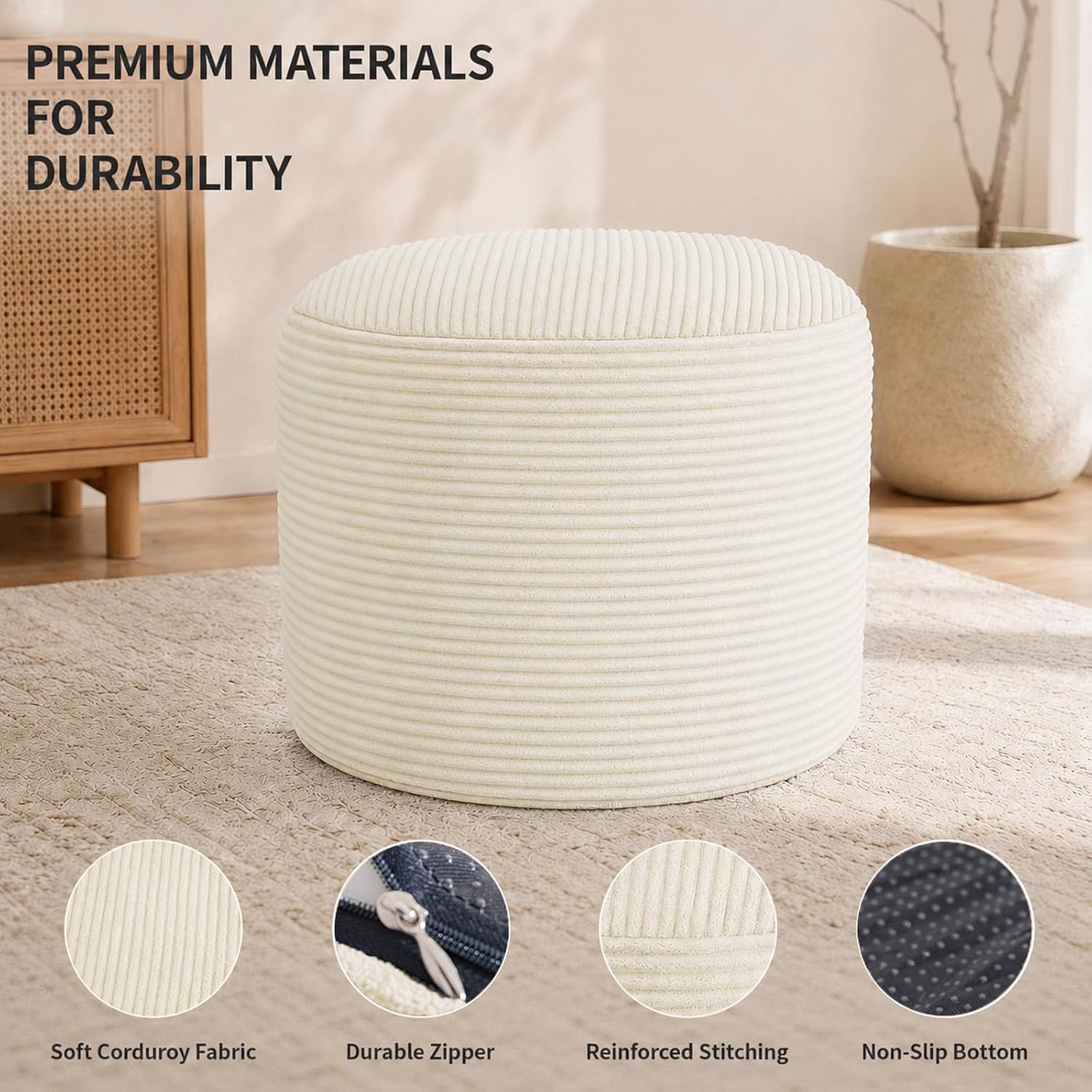Stuffed Pouf Ottoman Foot Rest with 2.8-inch Solid Foam Base | Odorless Filling Resists Clumping, Washable Corduroy Cover, Round Foot Stool for Living Room Couch Lounging and Home Decor