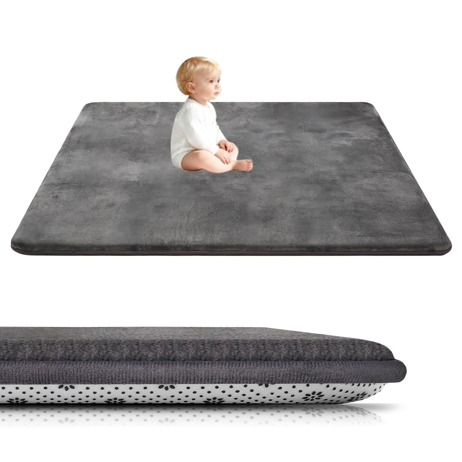 Murzoeky Coral Velvet Baby Play Mat, 3CM Thick Baby Crawling Mat Nursery Rug for Crawling & Playing 50 x 80 cm Dark Grey for Bedroom with Non-slip Backing, Nursery Babies Mats for Floor Play