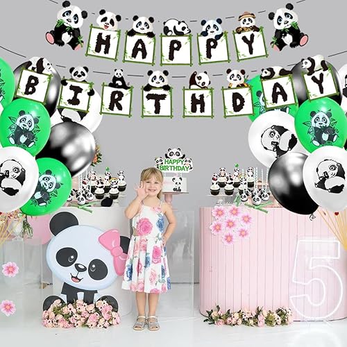 Miniatura 3 de Suministros de fiesta de cumpleaños de panda, pancarta de panda de feliz cumpleaños, globos, decoraciones de pastel de panda, decoraciones de fiesta