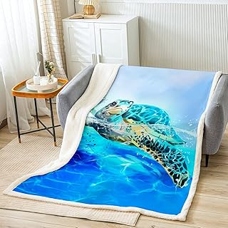 Manta Sherpa de Forro Polar para niños y niñas, Manta Hawaiana de Tortuga oceánica, para niños y niñas, Color Azul Azulado, Azul Marino, Reptil, cálida y mullida, Manta de Franela de Tortuga para dor