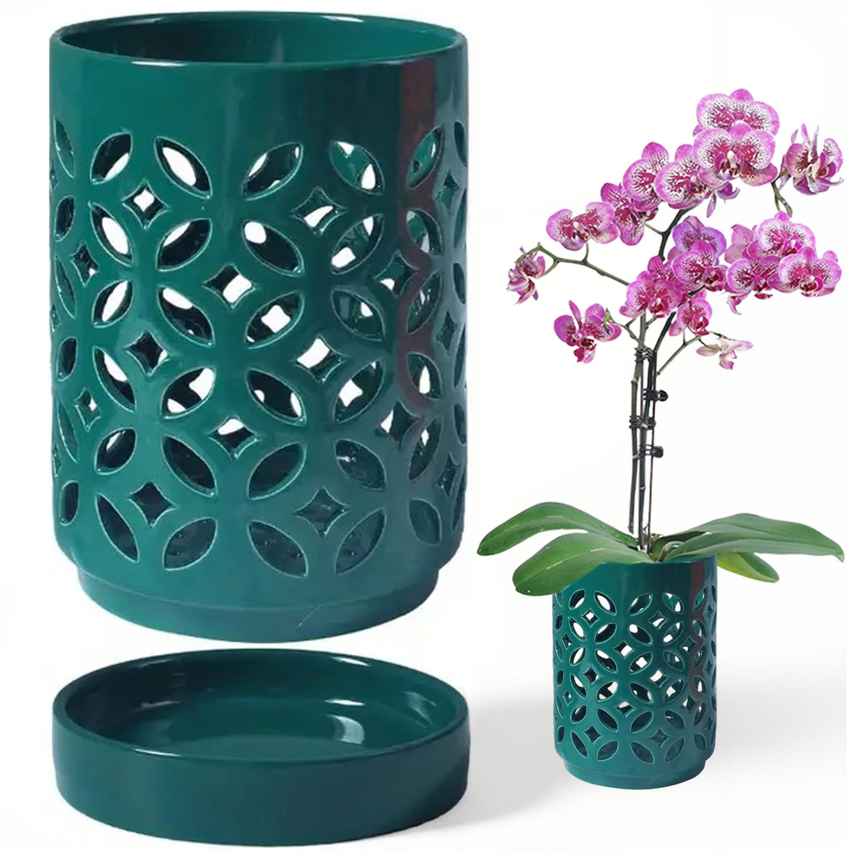 Faticenic Dark Green Orchid Pots With Holes 4 Inch Ceramic Orchid Pots With Saucer For Repotting Breathable Plant Pot For Healthy Plant Growth Décoration De Jardin