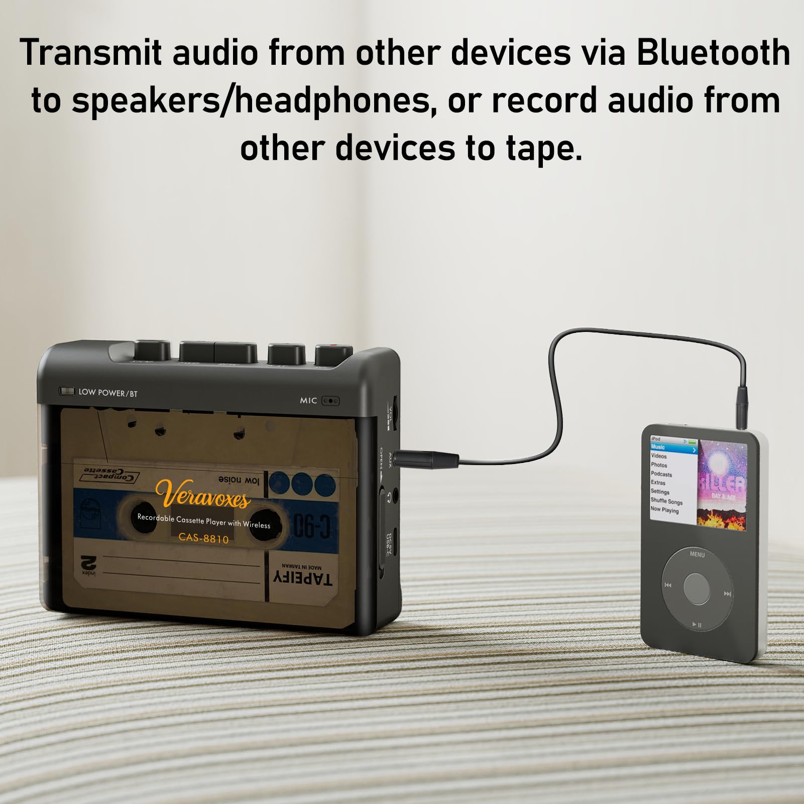 Portable Bluetooth Cassette Tape Player, Cassette Player Recorder,Equipped with Headphone and AUX Ports, Support AUX Line in Record,Built-in Microphone, Powered by DC or AA Battery (Black) — view 4