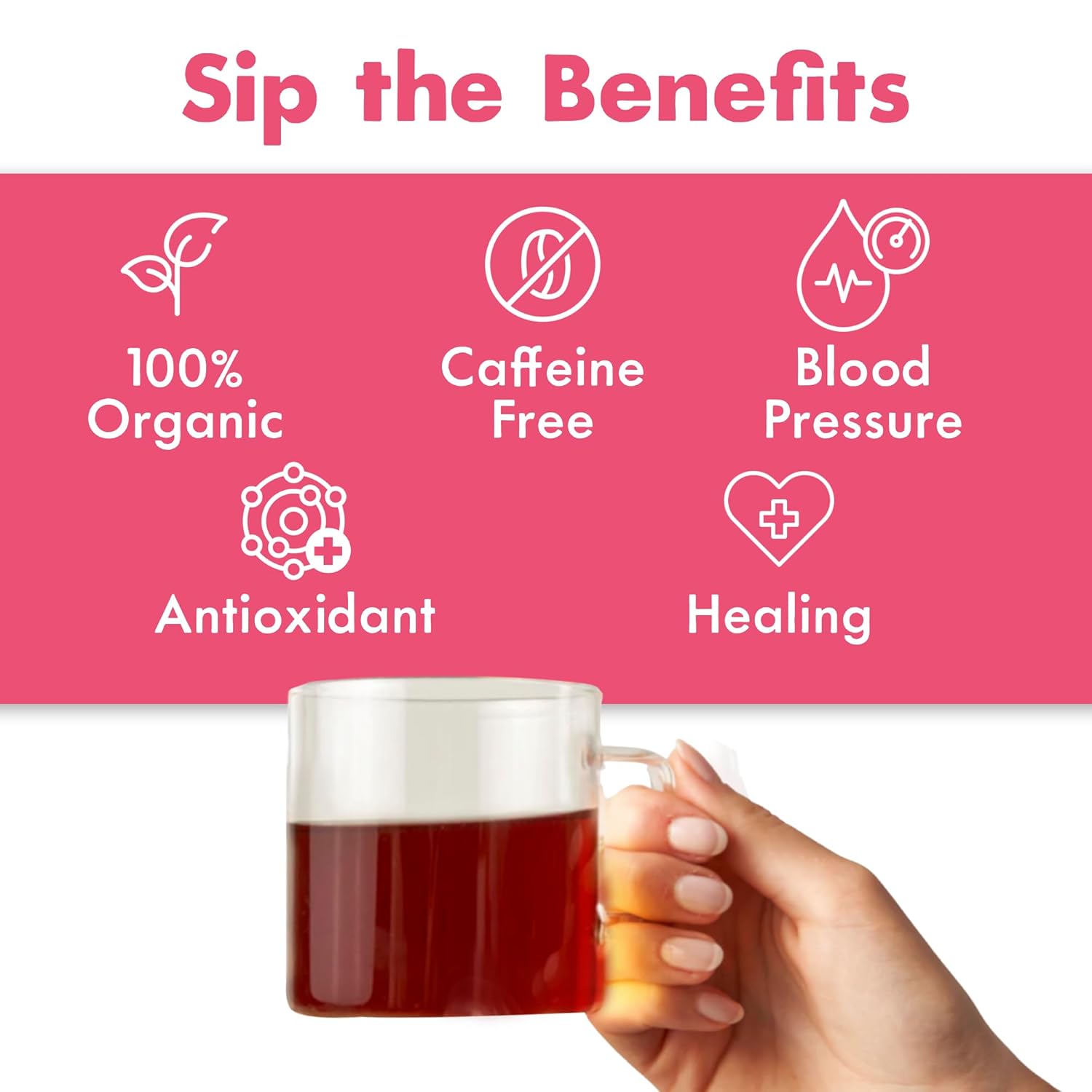 Big Heart Tea Co. Tea Bags - Blushing Pink Hibiscus - Certified Organic, Naturally Sweet Ayurvedic Herbal Decaf Tea with Small Batch Ground Herbs - Adaptogenic Tulsi and Lemongrass, 20 Tea Bags