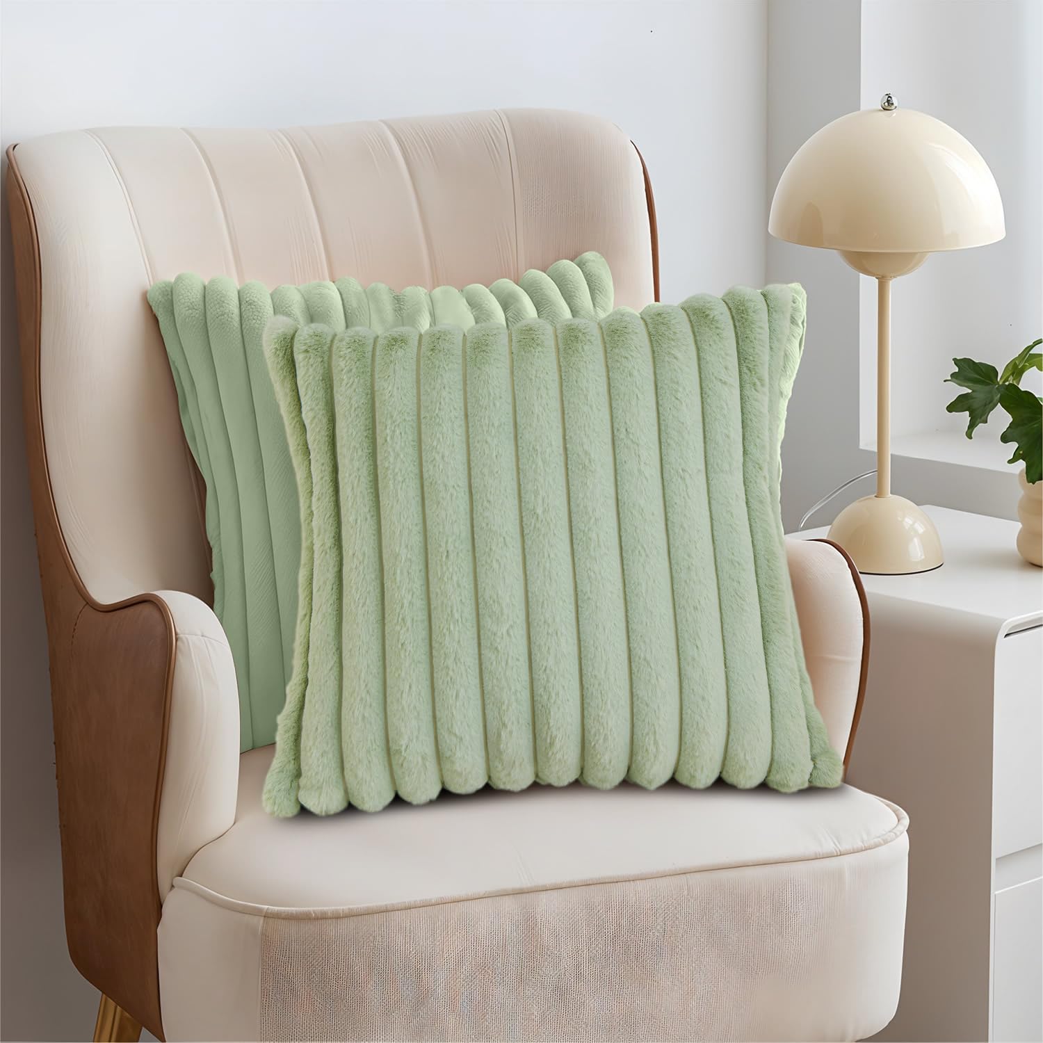 Faux Fur Plush Throw Pillow Covers 18x18Inch Set of 2 - Soft Fluffy Striped Decorative Pillow Covers Cushion Cases for Sofa, Couch,Bedroom,Living Room (Green, 18X18 Inch/45x45cm)