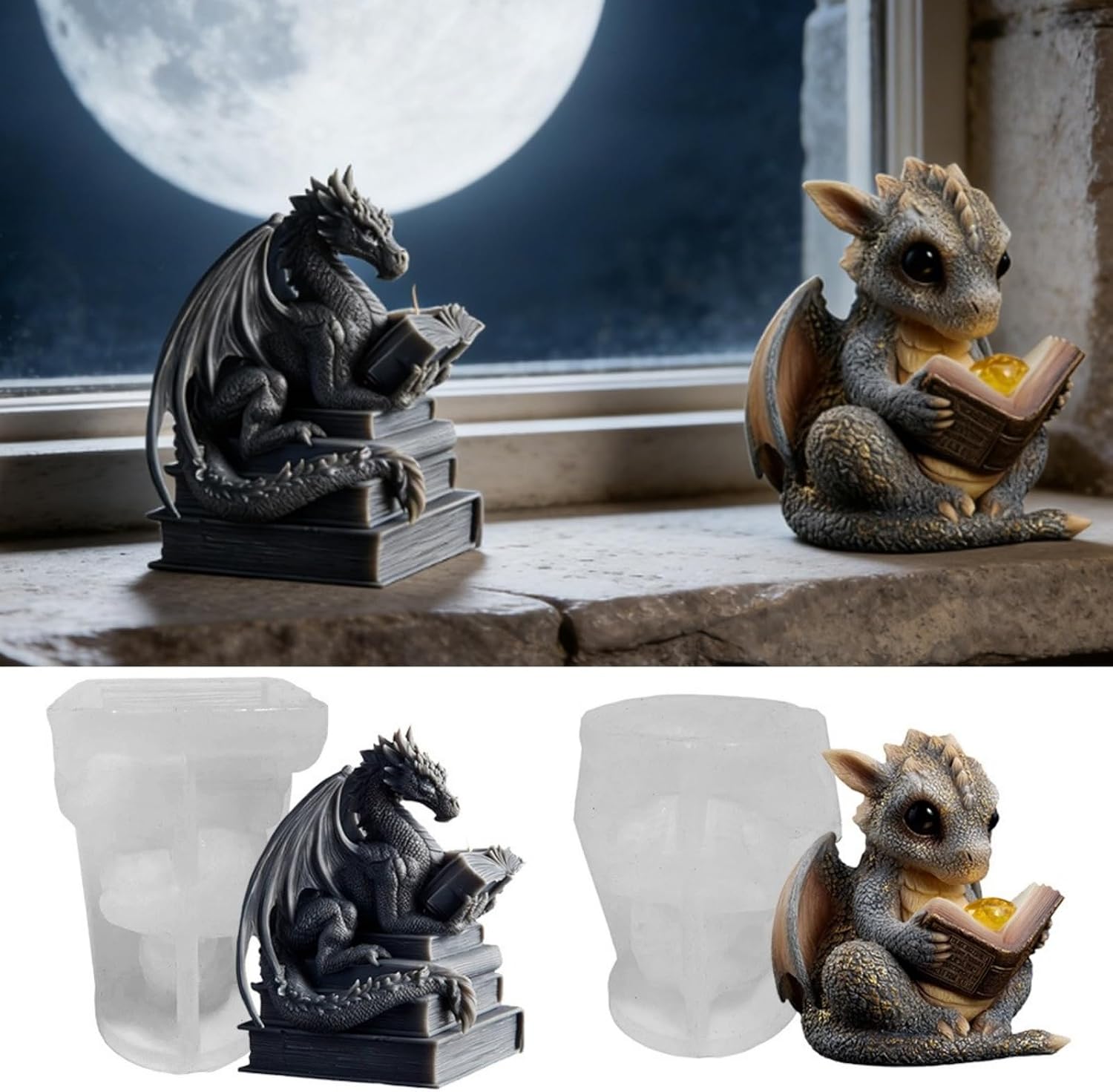 2 Pcs Book-Reading Dragon Candle Mold, Dinosaur Resin Casting Silicone Mold