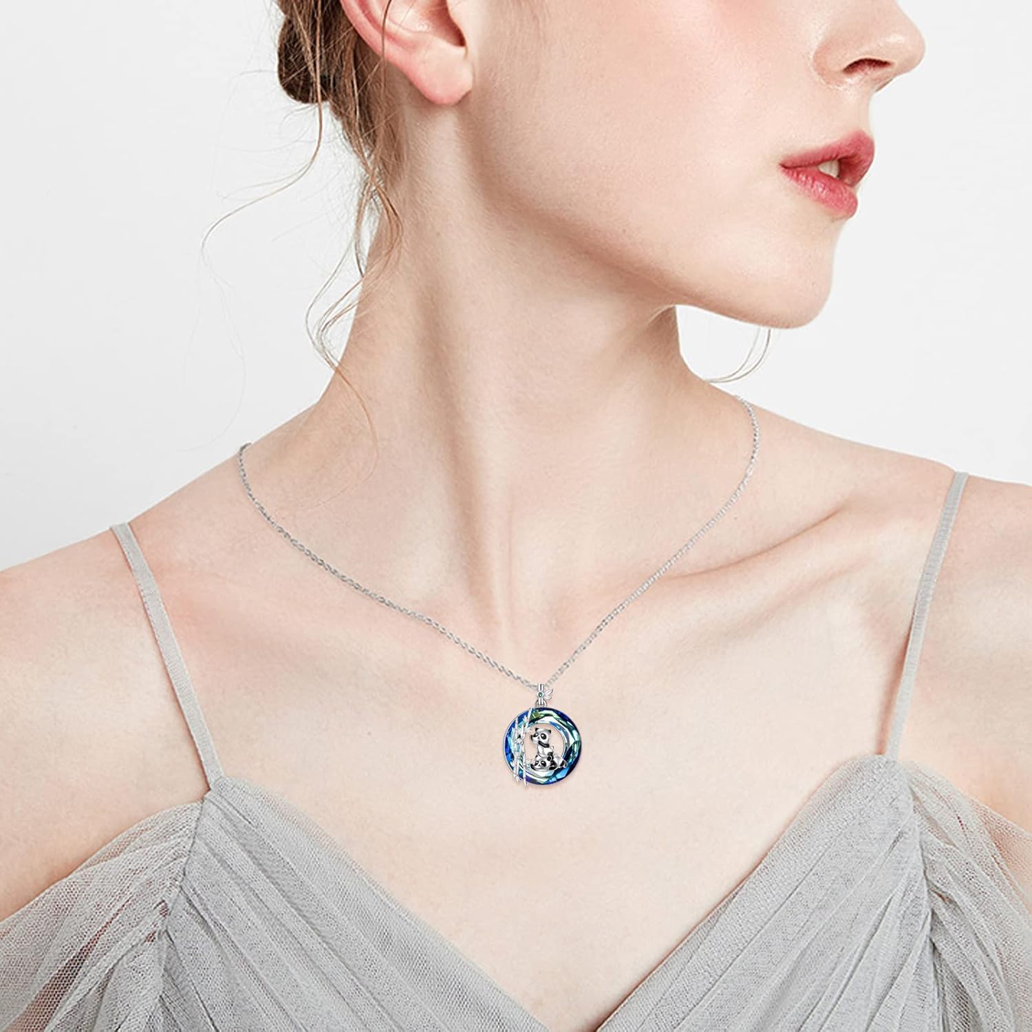 YFN Panda Sterling Silver Panda Bamboo Pendant Necklace with Blue Crystal - Image 5