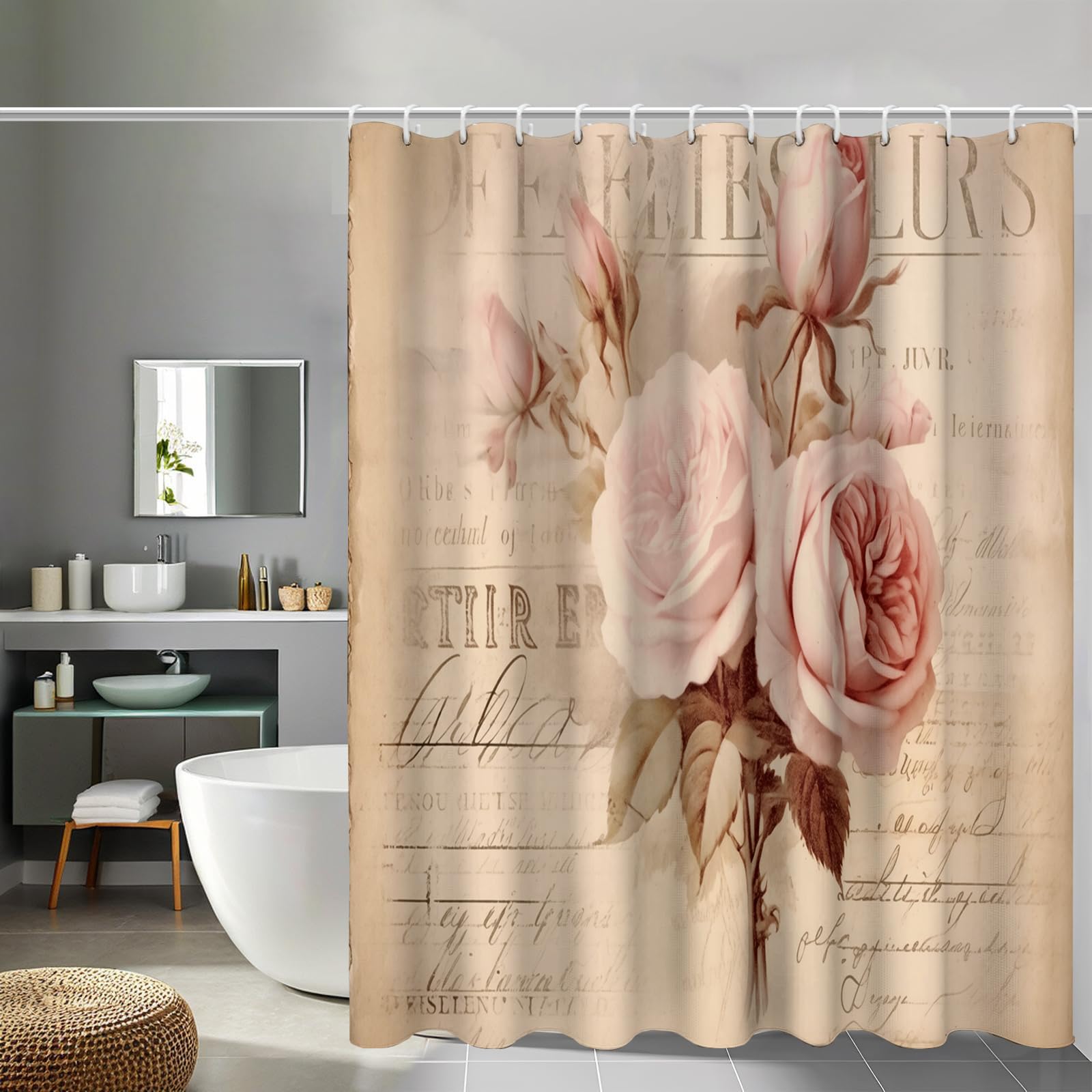 Rideau de douche imperméable en tissu polyester lavable shabby rose avec anneaux