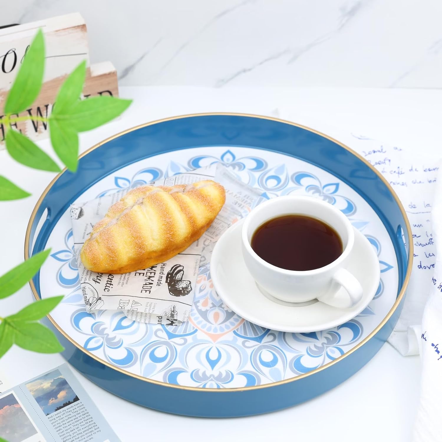 Round Blue Decorative Tray for Coffee Table, Ottoman, 13” Plastic Serving Platter Tray with Handles for Entertaining, Living Room - Image 4