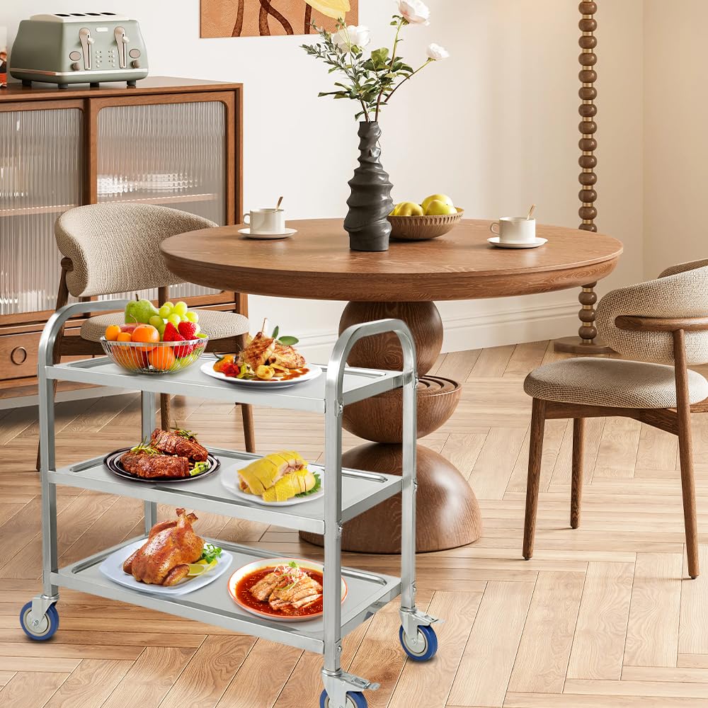 homewell Carrello di servizio in acciaio inox con 3 livelli, capacità 150 kg, carrello da cucina con ruote, per cucina, ristorante, hotel, servizio