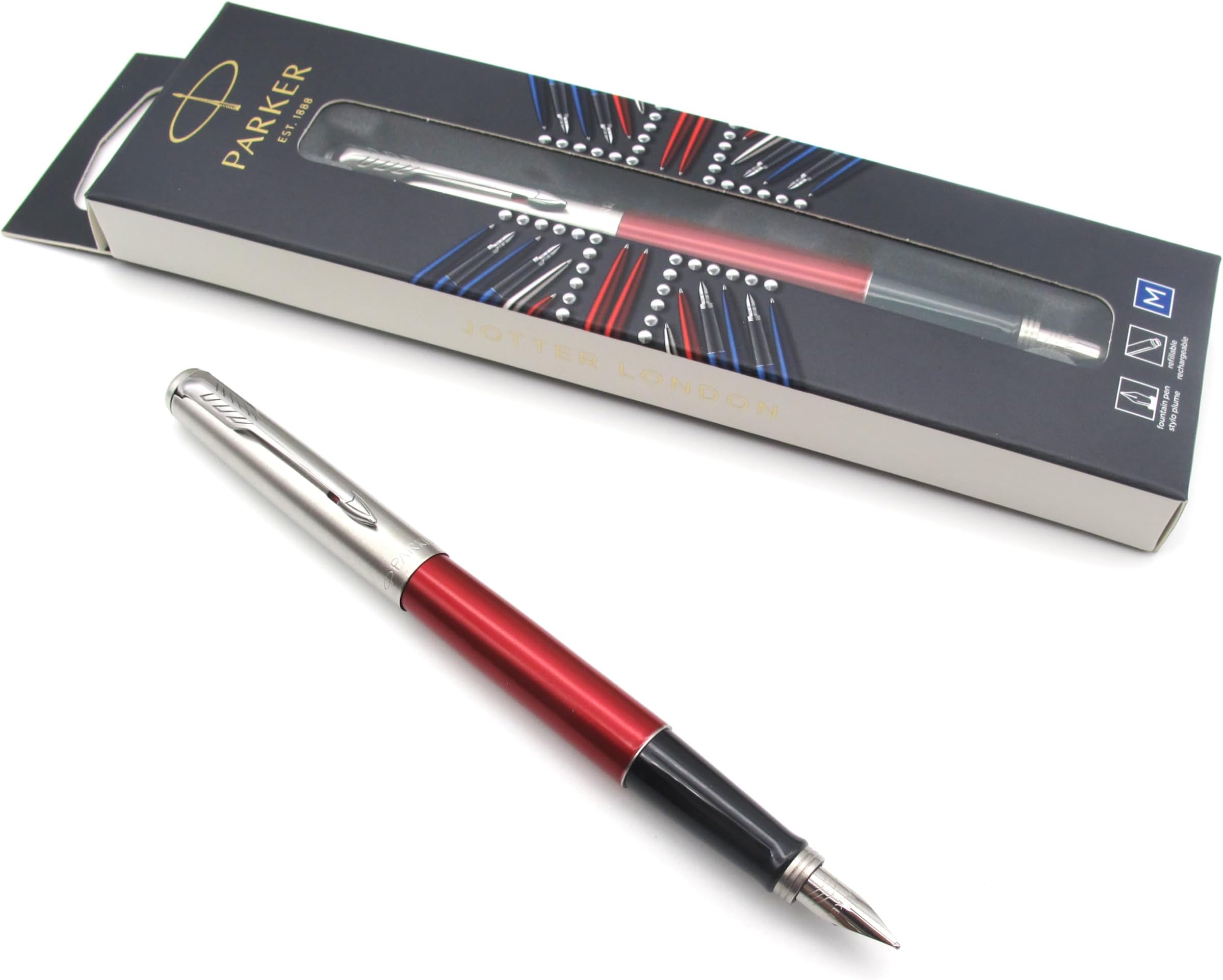 Jotter Stainless Steel Fountain Pen - Kensington Red Lacquer - Medium Nib - London Edition