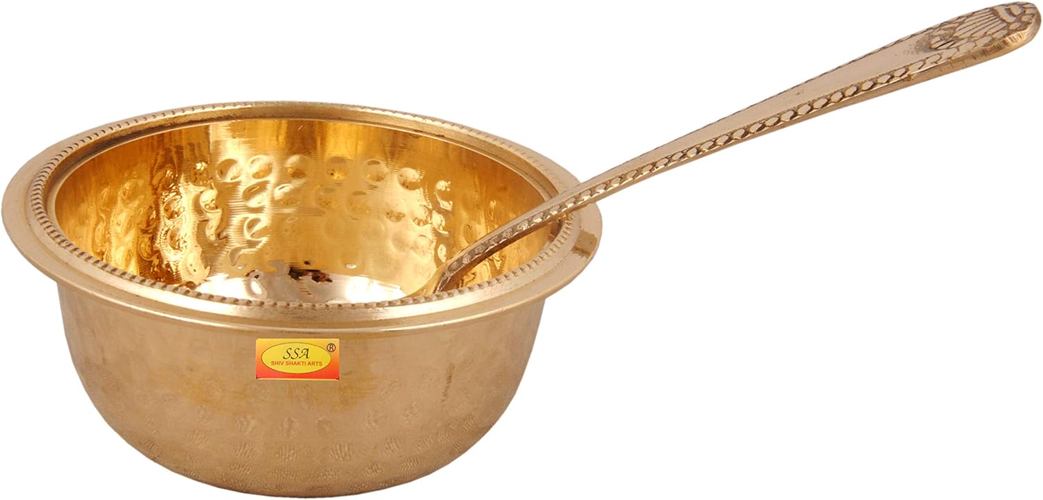 Shiv Shakti Arts® Pure Brass Designer Bowl | Katori With Spoon (Curved Hammer Design - 150 ml Each) - 1 Piece