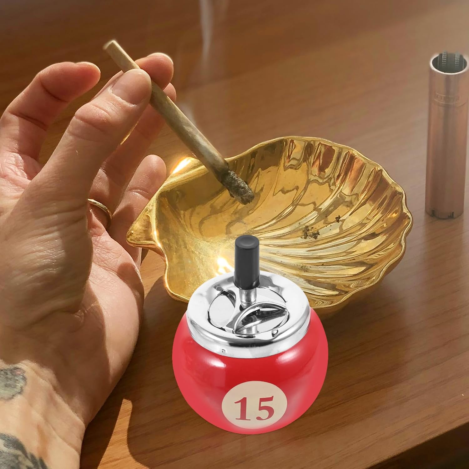 Ipetboom Rotating Windproof Ashtray Automatic Extinguishing Metal Indoor Ashtray with Press Button for Home and Office Smoking