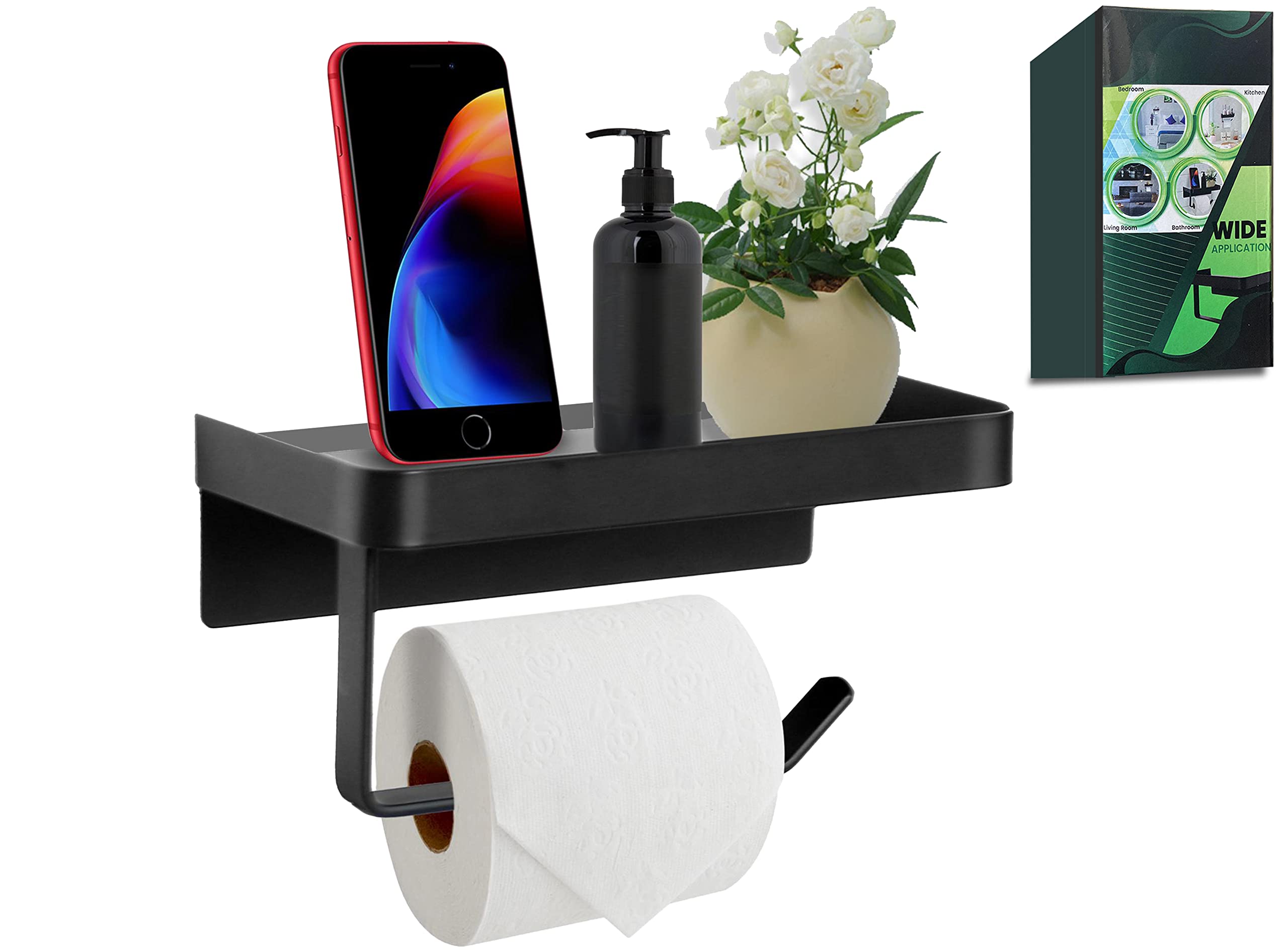 Darnall Black Stainless Steel Toilet Roll Holder With Shelf Two Installation Options Self Adhesive & Wall Mounted - Rustproof Toilet Paper Holder For Bathroom & Kitchen