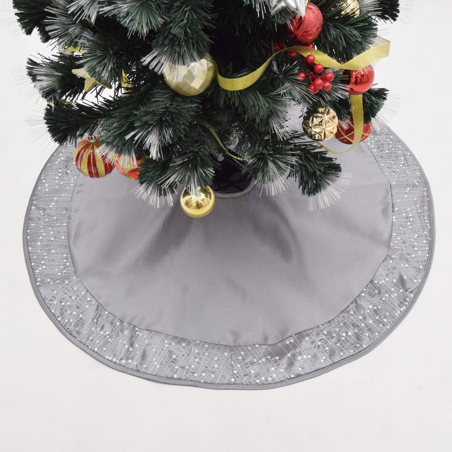 Silver Faux Silk Satin Center, Sparkle Glitter Sequin Border, Christmas Tree Skirt, Xmas Christmas Holiday Party Decorations - 50inch