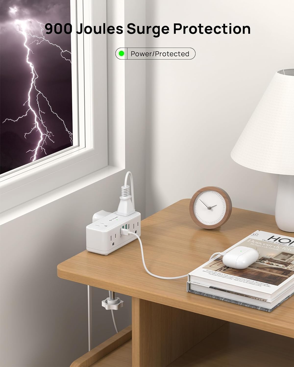 TROND Small Footprint Desk Clamp Power Strip USB C PD 20W, Flat Plug Extension Cord 10ft, 3 Sided 6 Outlets, 4 USB, 900J Surge Protection, Fit 2.16" Tabletop Edge, Home Office Desk Accessories, White