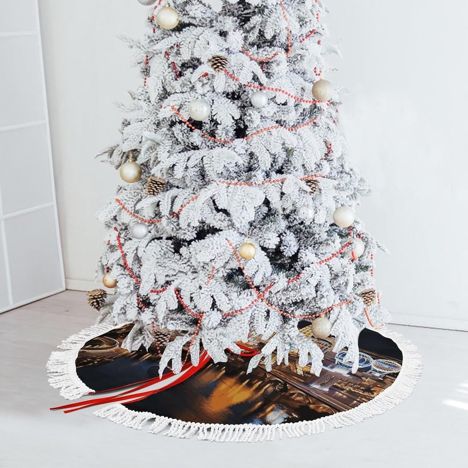 Las Vegas Night View Christmas Tree Skirt with Tassels Winter Holiday Tree Mat Decoration Xmas Tree Skirts Christmas Ornament for Home Seasonal Decor
