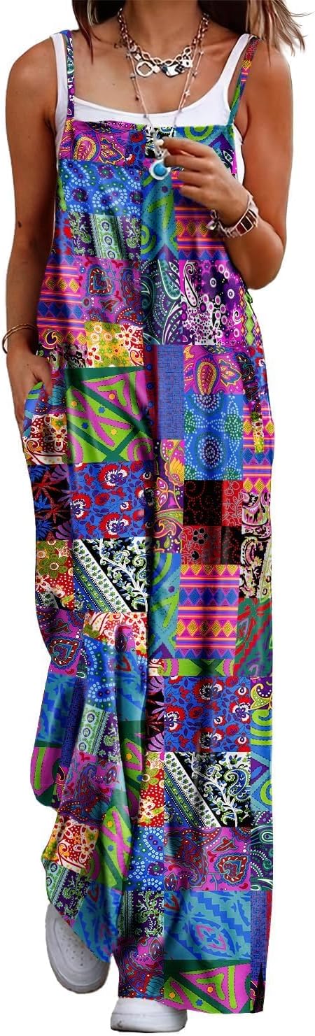 YESNO Women's Summer Boho Cotton Casual Jumpsuits Wide Leg Overalls Floral Print Baggy Rompers with Pockets PZZCR