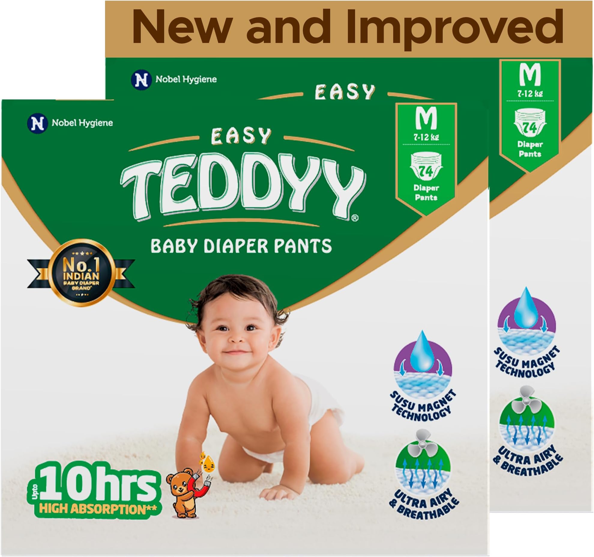 TEDDYY Baby Easy Medium Diaper Pants 148 Count (Pack of 2), 7-12 kgs, 10 hrs Leak Protection, Anti - Bacterial