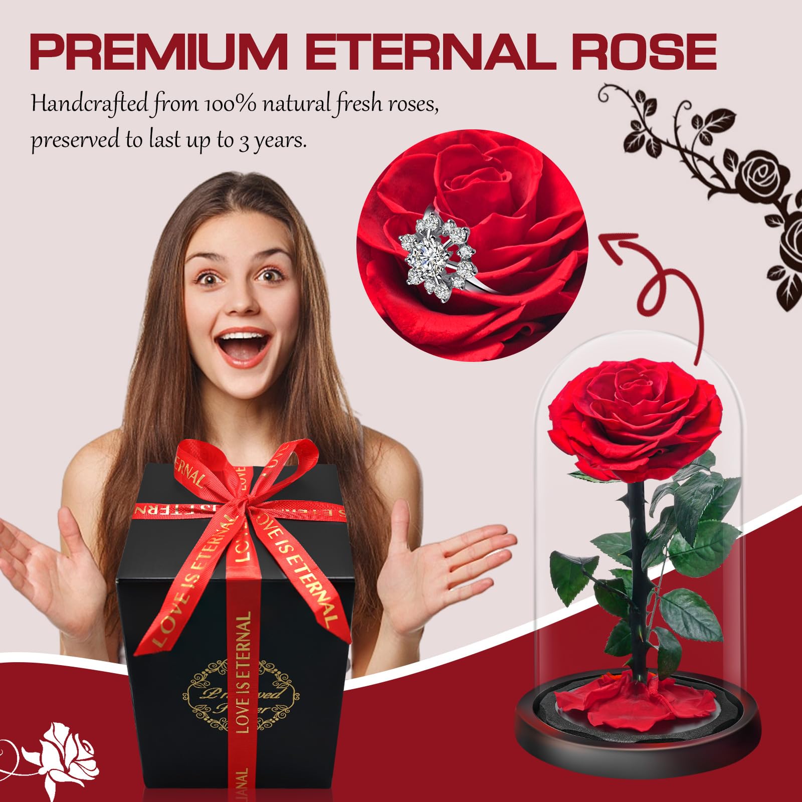 Touloube Flores Preservadas, Rosa Eterna Natural Bella y Bestia en Cúpula de Cristal, Regalo de Día de la Madre Mamá, Mujer, Abuela y Novia, Ideal para Aniversario, San Valentín, Navidad
