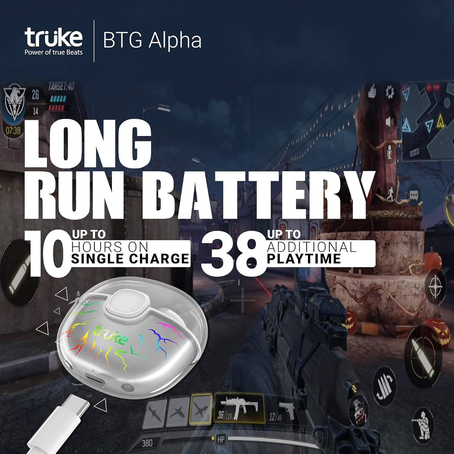 Earbuds and charging case showing 38 hours total playtime