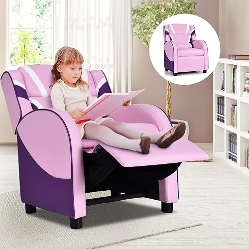 Miniatura 12 de ReunionG Sofá reclinable para niños, sillón de cuero para niños con reposapiés, reposacabezas, silla reclinable de juegos para sala de estar,
