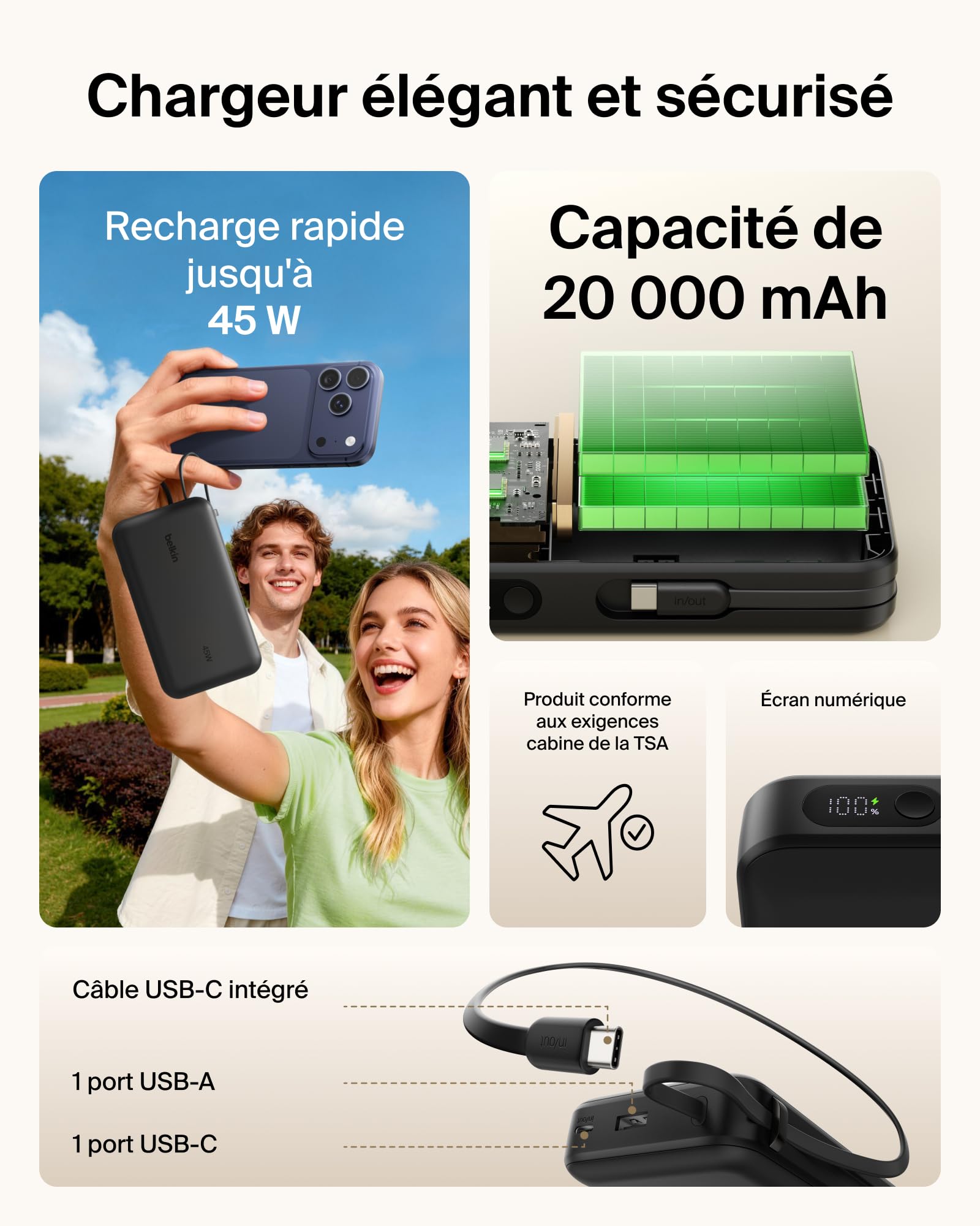 Belkin UltraCharge Batterie Externe 20K avec Câble USB-C Et Écran - Noir