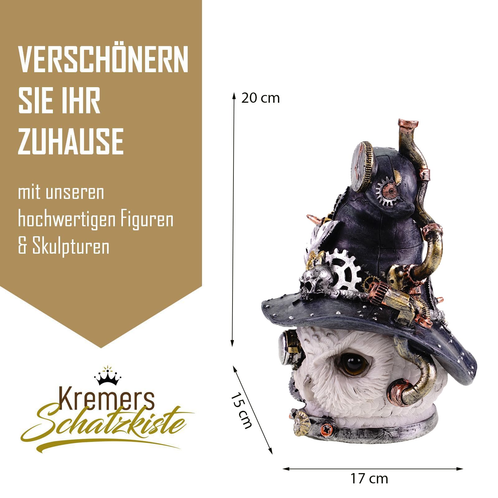 Kremers Schatzkiste Duża głowa sowy figurka steampunk, ręcznie malowana 20 x 17 cm, statuetka z żywicy poliestrowej z mechanicznymi detalami, dekoracja wnętrz, rzeźba do dekoracji domu i pomysł na