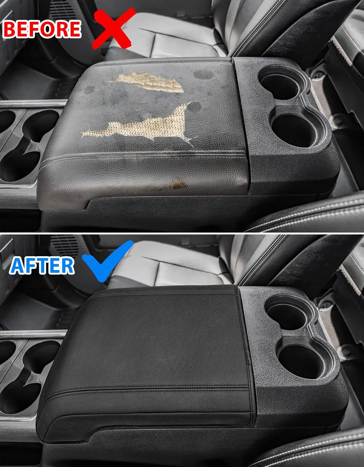Center Console Armrest Cover for 2011-2016 Ford F250 F350 F450 Super Duty Accessories, Vinyl Leather Middle Armrest Cusion Protector, Anti-Scratch, Bucket Seat Only, Black