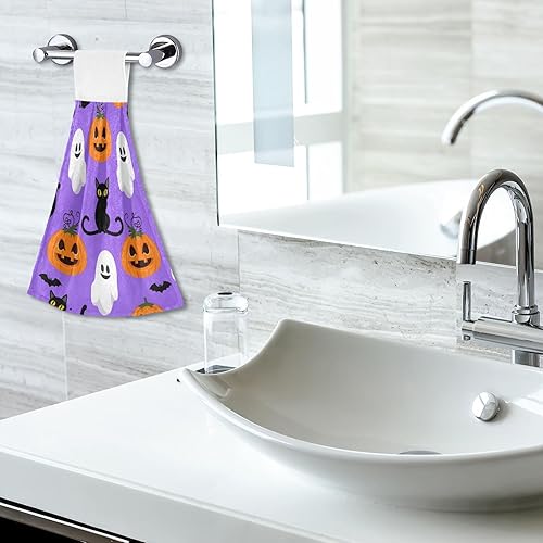 Miniatura 5 de Whimsical Halloween Purple Hand Towels with Hanging Loop, Soft Absorbent Hand Towel Bathroom Set 2, 18.2 x 14 Inch