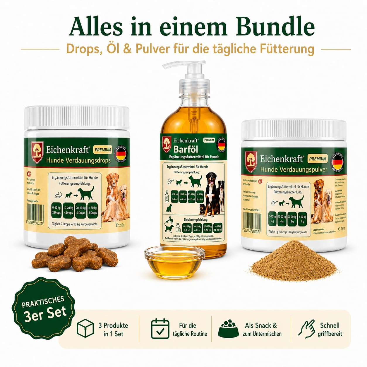 Probiotika Hund 3er Set Magen Darm Kausnacks Verdauungspulver Lachsöl Hunde