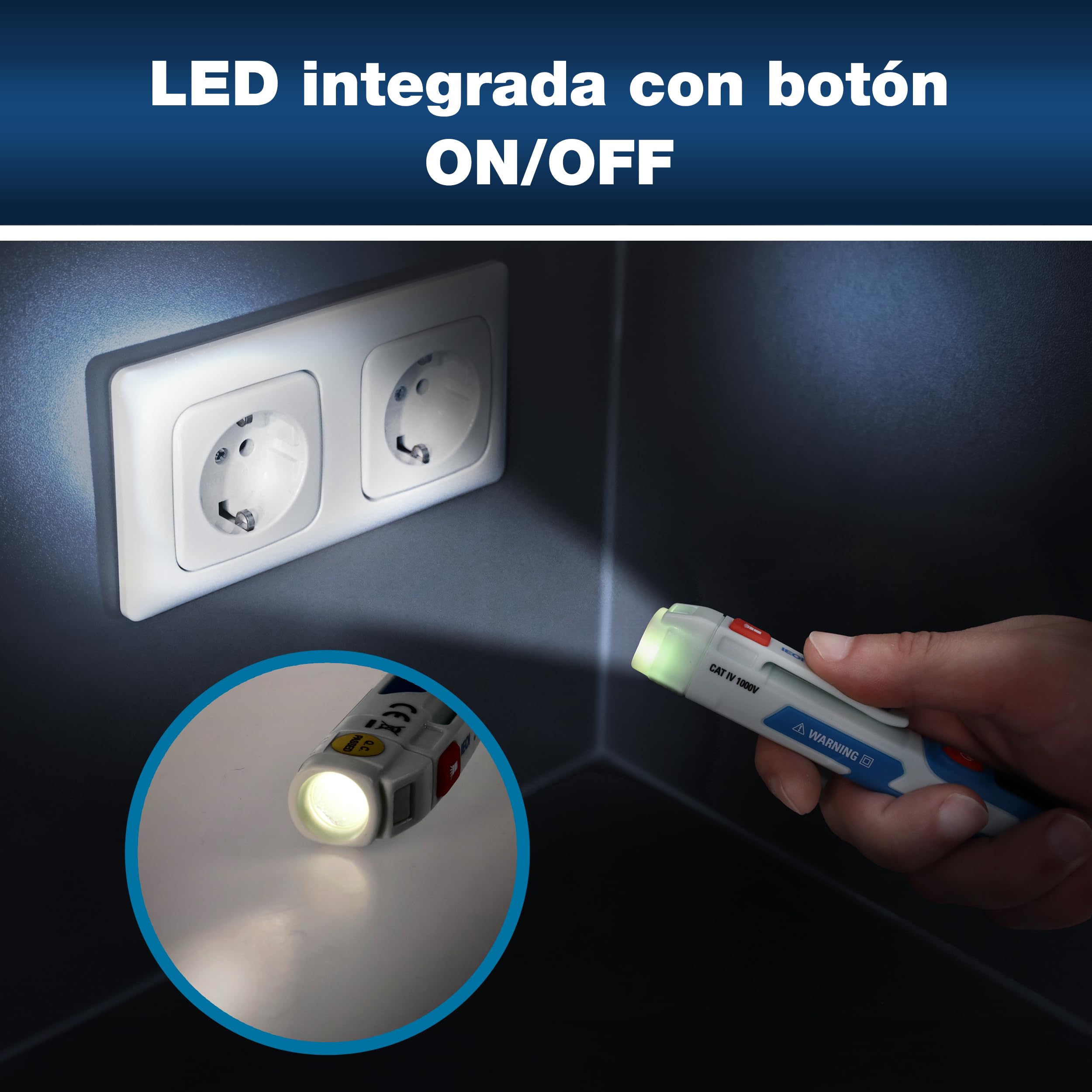 PeakTech, P 1031, Comprobador de tensión sin contacto para 50-1000 V CA, Comprobador de corriente sin contacto con lámpara LED de señalización y vibración, Comprobador de enchufes