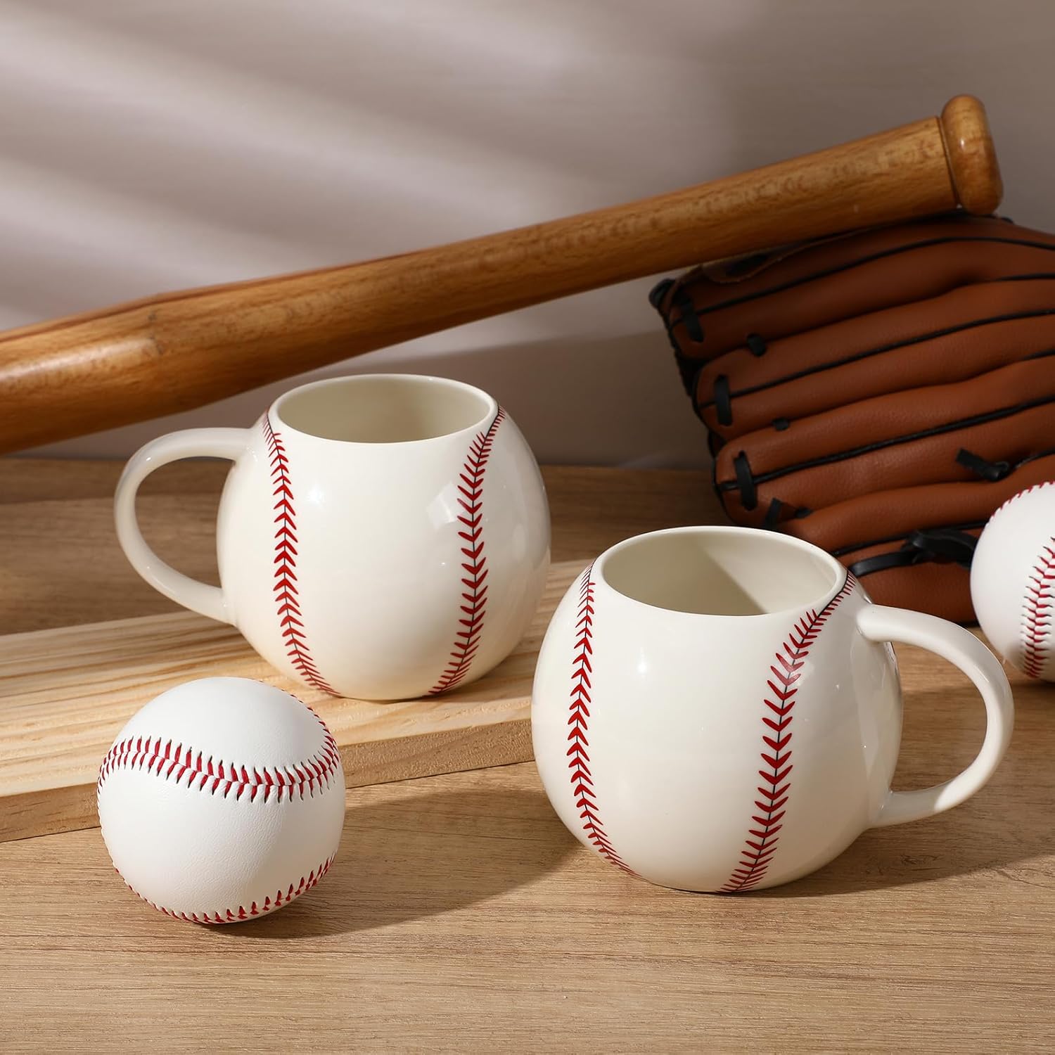 FoldTier 2 Pcs 17oz Baseball Ceramic Coffee Mugs, 3D Handmade Sports Design Porcelain Cups with Handle, Hand Painted Large Tea Mugs for Coffee Cocoa and Hot Drinks Sport Gift for Men and Women