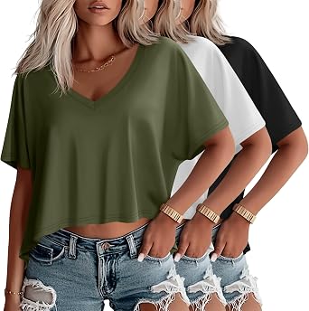 Huukeay 3 Pack Womens Oversized V Neck T Shirts | Irregular Hem Crop Tops, Short Sleeve Boxy Fit, Baggy Loose Tees, Stretch Soft Fabric, Jeans, Shorts, Gym, Home, Casual Wear