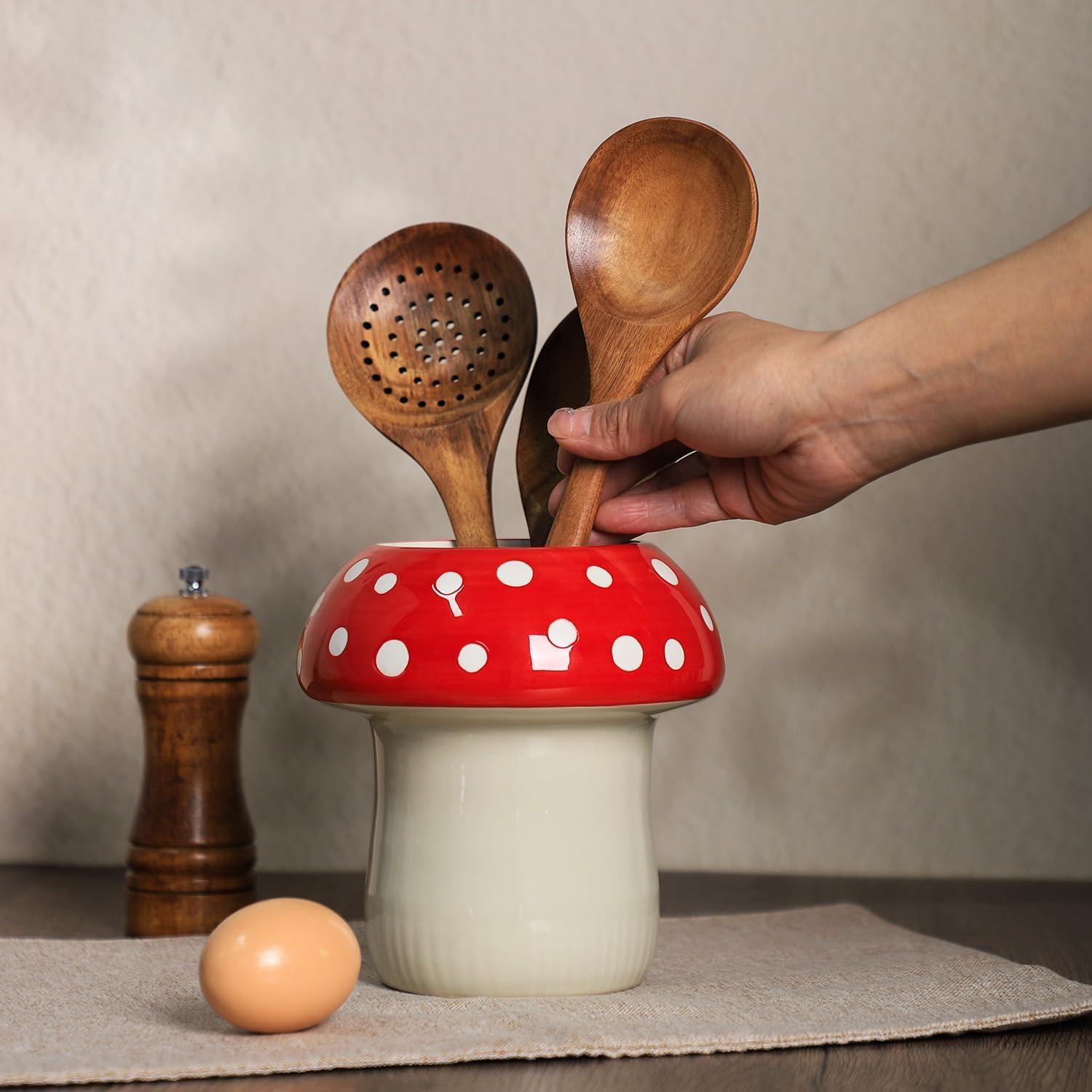 Mushroom Shaped Ceramic Kitchen Utensil Holder, Large Cooking Utensil Crocks for Kitchen Countertop, Ceramic Utensil Organizer for Spatula, Kitchen, Home Decoration-Red